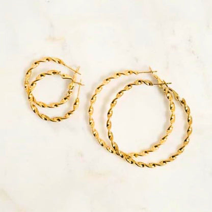 18K Gold PVD 316L Stainless Steel Twist Hoop Earrings – Hypoallergenic, Tarnish-Free, Everyday Luxury (30mm / 40mm /50mm