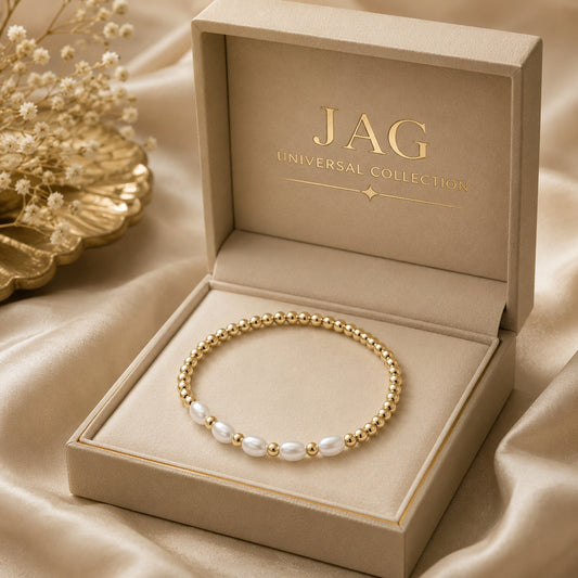Pearls Gold Beaded Stretch Bracelet – 18K Gold PVD on 316L Surgical Stainless Steel, Non-Tarnish Stackable Jewelry for Women
