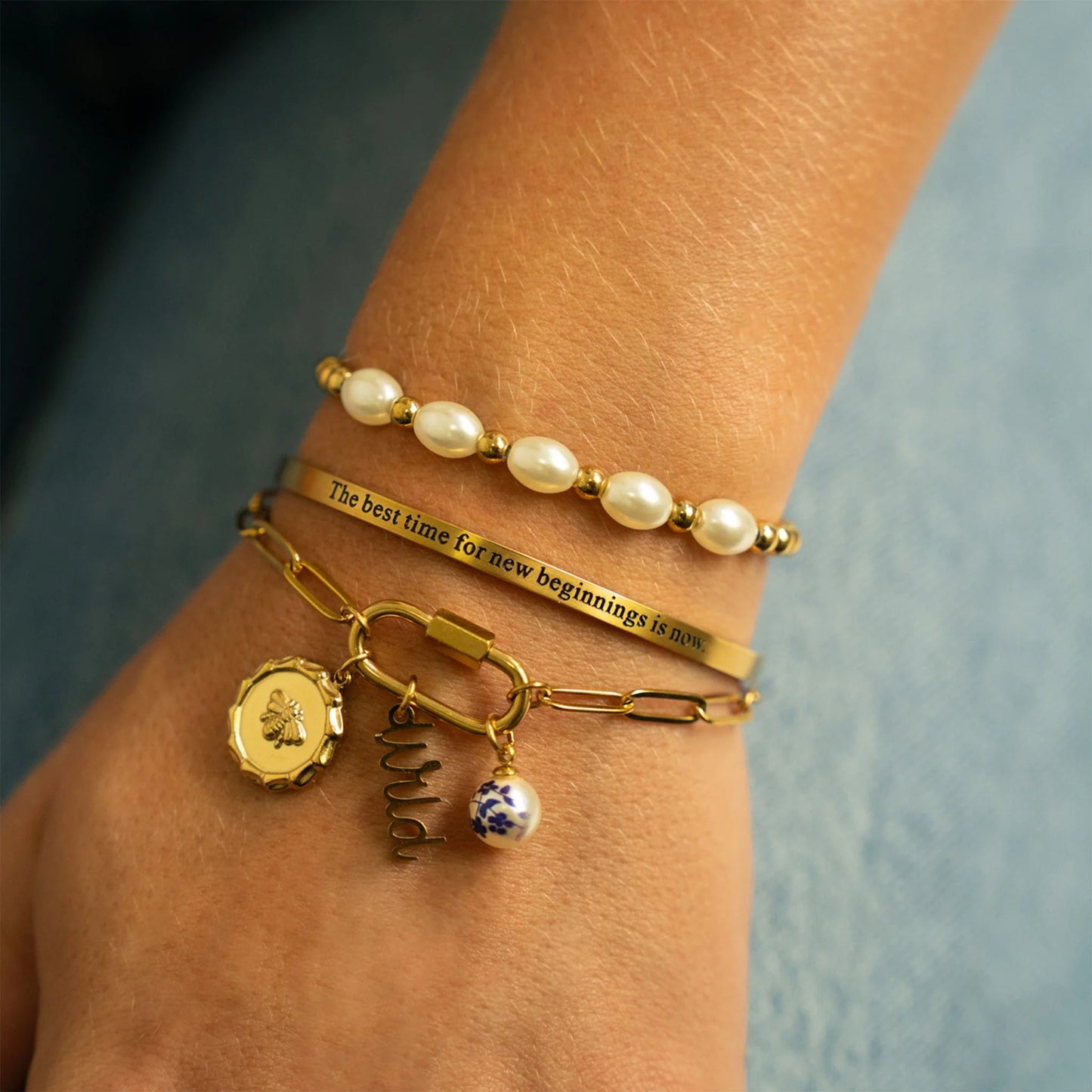 Pearls Gold Beaded Stretch Bracelet – 18K Gold PVD on 316L Surgical Stainless Steel, Non-Tarnish Stackable Jewelry for Women