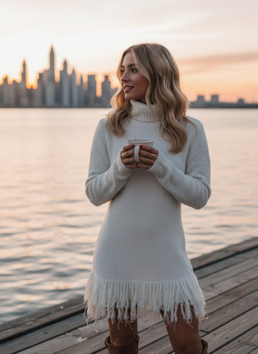 Jag Universal's Women’s Fringe Sweater Dress – Cozy Turtleneck Knit with Long Sleeves