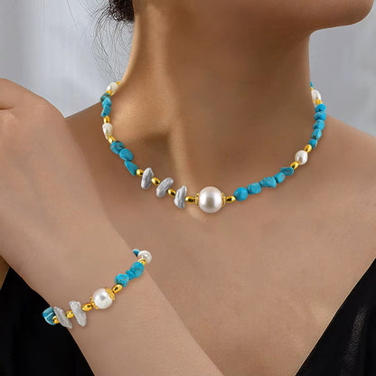 Ocean Breeze Real Freshwater Pearl & Turquoise Bead Necklace & Bracelet | 14K Gold-Plated Jewelry