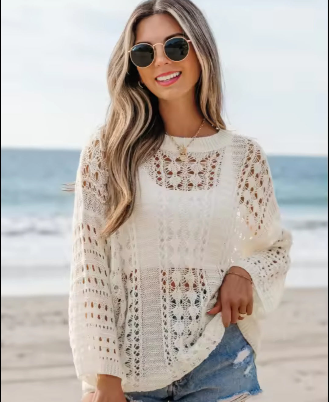 WOMEN'S CASUAL DROP SHOULDER SWEATER OUTFIT WITH WHITE HOLLOW CUT KNIT BRACELET SLEEVE - JAG Universal Collection 