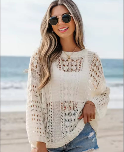 WOMEN'S CASUAL DROP SHOULDER SWEATER OUTFIT WITH WHITE HOLLOW CUT KNIT BRACELET SLEEVE - JAG Universal Collection 