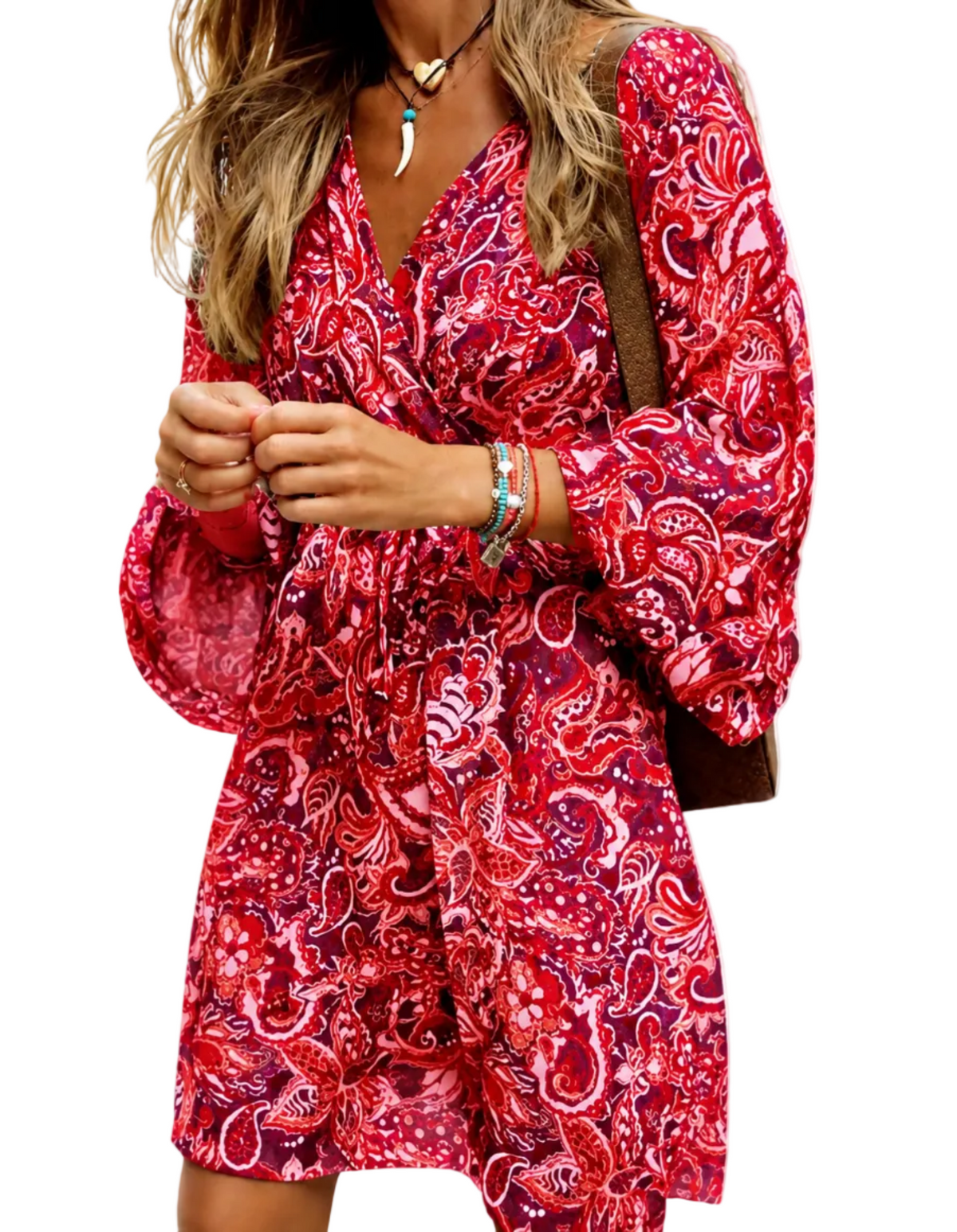 Women's Boho Paisley A-Line Dress | Long Sleeve V-Neck Midi Dress
