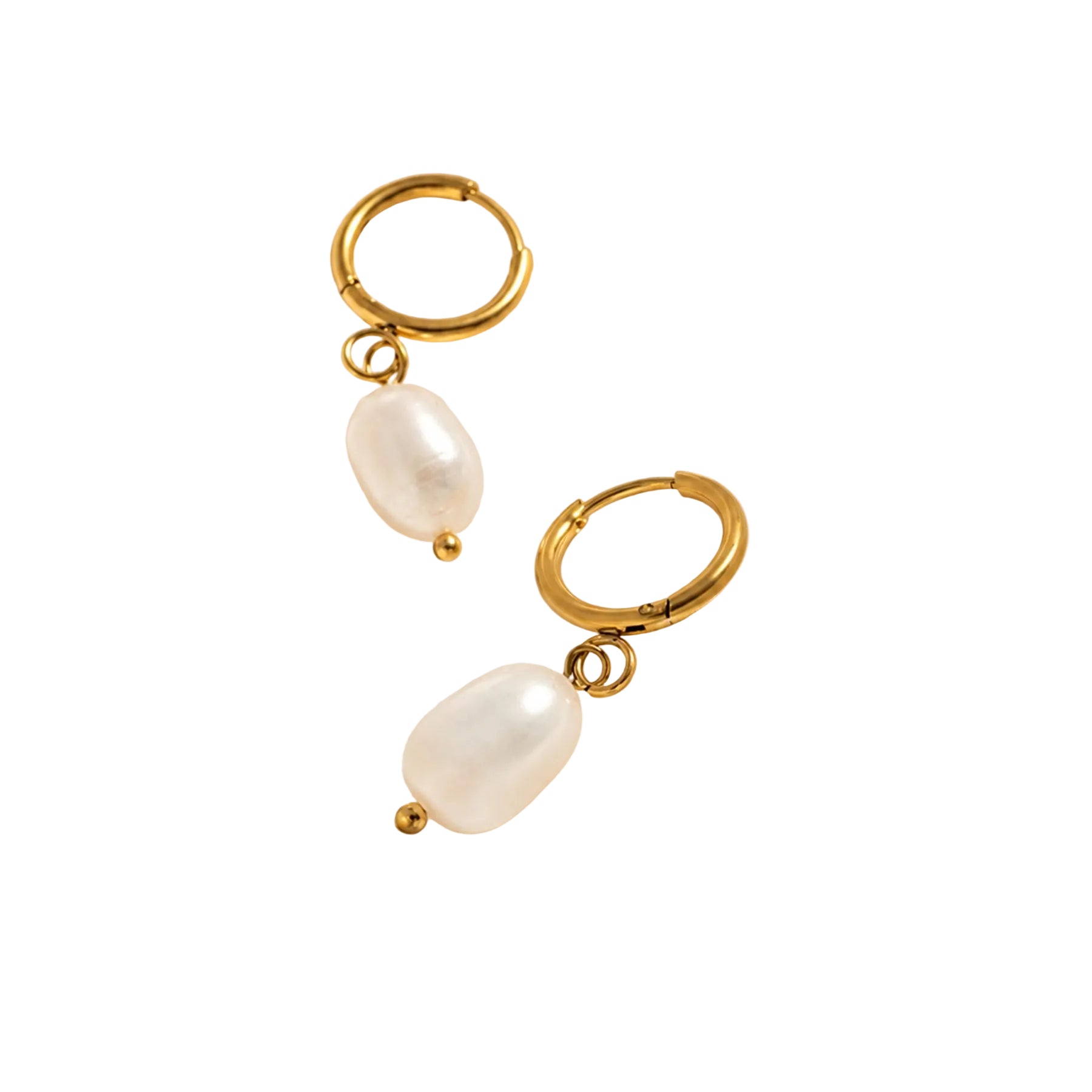 Gold hoop earrings with pearls on a satin surface