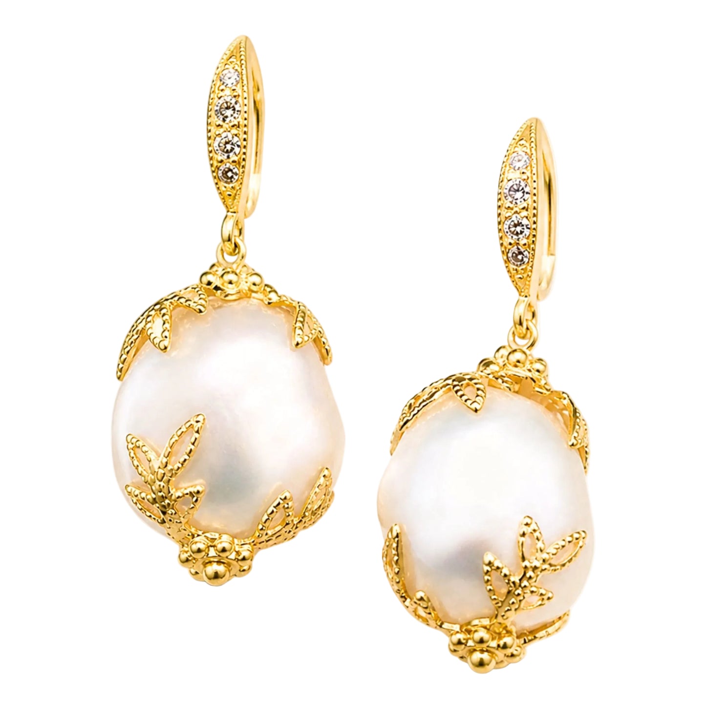 Gold-framed pearl earrings on a white background