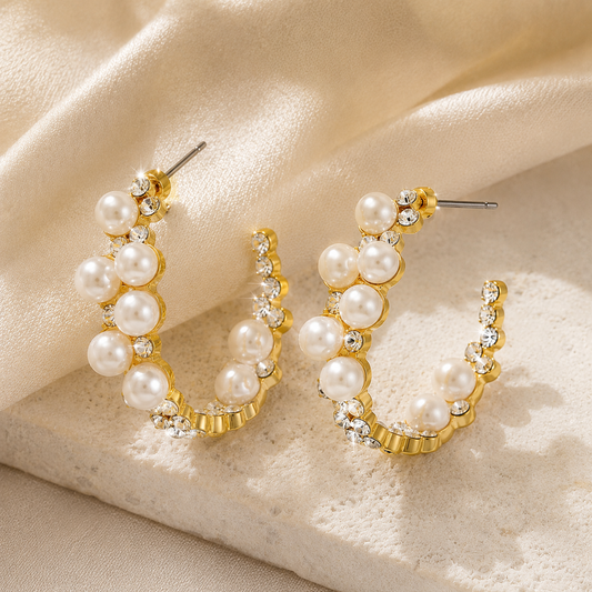 Gold Pearl Hoop Earrings for Women – Elegant Statement Stud Hoops