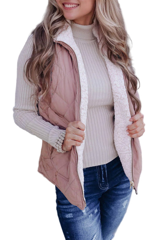 Pink Fleece Lined Quilted Zip Vest for Women – Lightweight Winter Layer