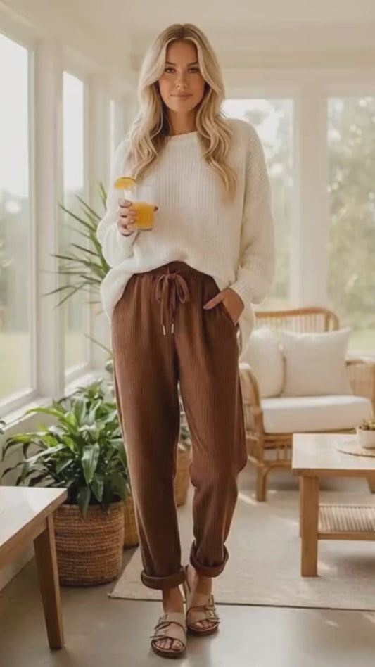 Women’s High Waist Corduroy Lounge Pants – Casual Drawstring Straight Leg Pants