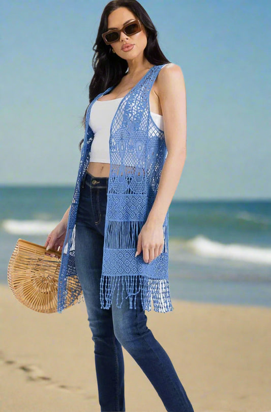 WOMEN'S SLEEVELESS OPEN FRONT FRINGE CROCHET CARDIGAN - JAG Universal Collection 