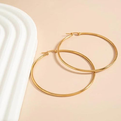 18K Gold PVD Hollow Hoop Earrings for Women, 316L Surgical Stainless Steel, Lightweight, Hypoallergenic, Tarnish-Resistant, 1mm Thin Tube, 25mm 30mm 40mm