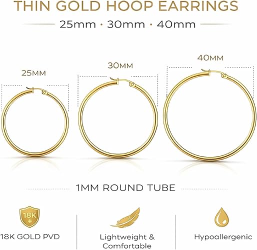 18K Gold PVD Hollow Hoop Earrings for Women, 316L Surgical Stainless Steel, Lightweight, Hypoallergenic, Tarnish-Resistant, 1mm Thin Tube, 25mm 30mm 40mm