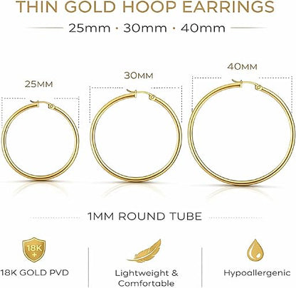 18K Gold PVD Hollow Hoop Earrings for Women, 316L Surgical Stainless Steel, Lightweight, Hypoallergenic, Tarnish-Resistant, 1mm Thin Tube, 25mm 30mm 40mm