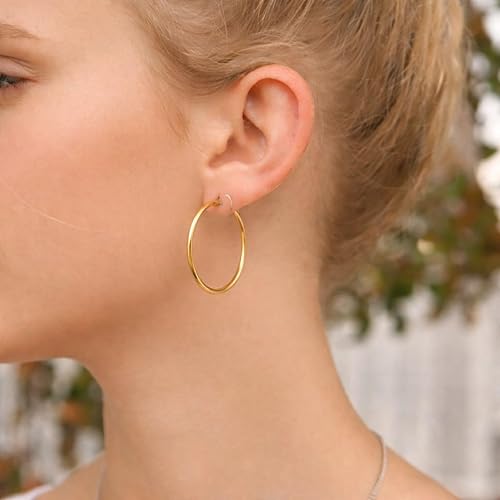 18K Gold PVD Hollow Hoop Earrings for Women, 316L Surgical Stainless Steel, Lightweight, Hypoallergenic, Tarnish-Resistant, 1mm Thin Tube, 25mm 30mm 40mm
