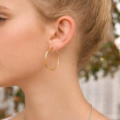 18K Gold PVD Hollow Hoop Earrings for Women, 316L Surgical Stainless Steel, Lightweight, Hypoallergenic, Tarnish-Resistant, 1mm Thin Tube, 25mm 30mm 40mm