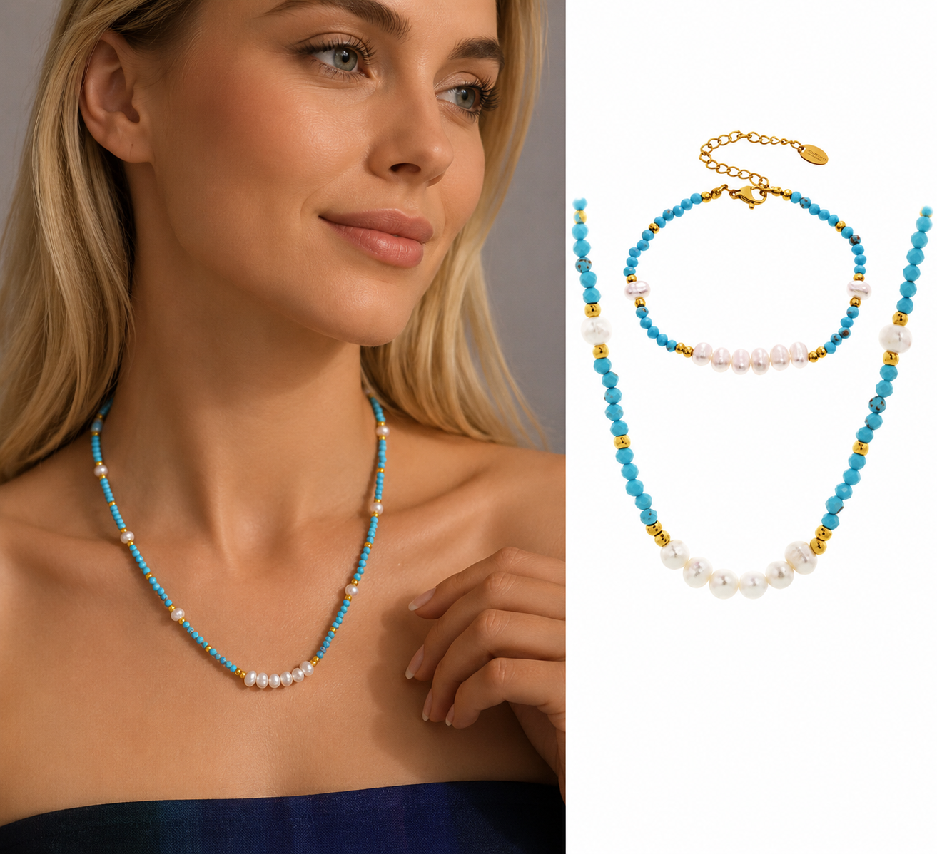 A split image showing a woman wearing a beaded necklace on the left and the necklace set laid out on a white background on the right. The necklace features turquoise blue beads, white pearl-like beads, and small gold spacer beads, with a gold clasp.