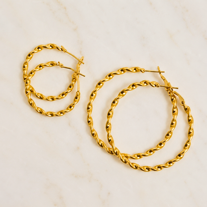 Made in the USA 18K Gold PVD 316L Surgical Stainless Steel Twist Hoop Earrings – Hypoallergenic, Tarnish-Free, Everyday Luxury (30mm / 40mm /50mm