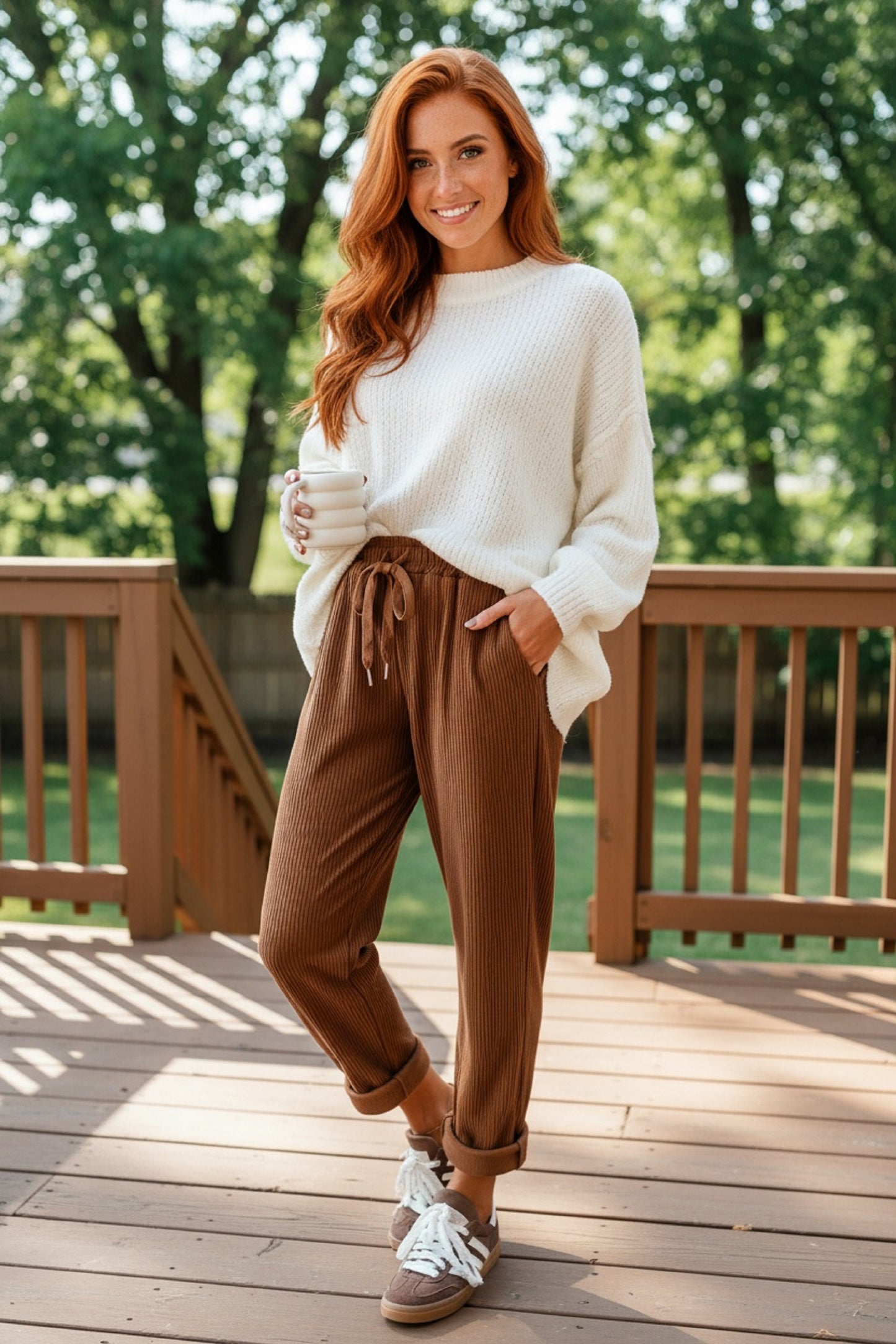 Women’s Corduroy Drawstring Lounge Pants – High-Waisted Soft Casual Trousers Chestnut